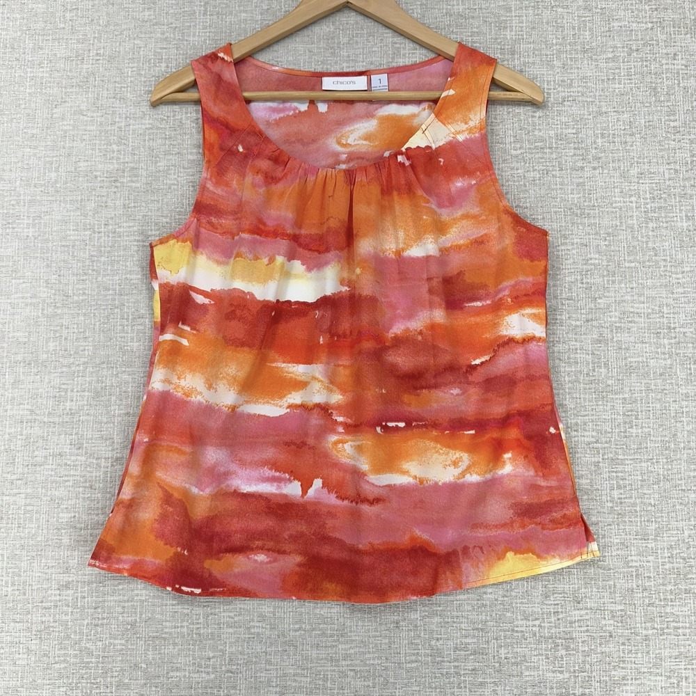 Chico's Tank Top Womens 1 (M/8) Orange Watercolor Stripe‎ Sleeveless Scoop Neck